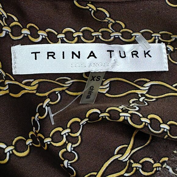 Trina Turk Chain Link Print Wrap Dress Size XS Brown Gold Silk Blend V-Neck - Picture 10 of 12